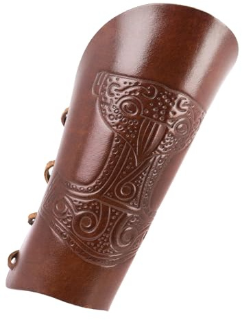 Battle-Merchant Armstulpe aus Leder mit geprägtem Thorshammer, braun-antik - Armschützer LARP Mittelalter Wikinger Größe Einzeln