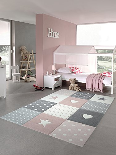 Teppich-Traum Kinderzimmer Teppich Spiel & Baby Teppich Herz Stern Punkte Design in Rosa Weiß Grau Größe 140x200 cm | Weich und wärmend, pflegeleicht, strapazierfähig, farbecht und schadstofffrei, für Fußbodenheizung geeignet