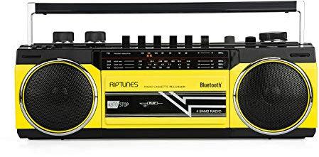 Riptunes Cassette Boombox, Retro Blueooth Boombox, Cassette Player and Recorder, AM/FM/SW-1-SW2 Radio-4-Band Radio, USB, and SD, Yellow