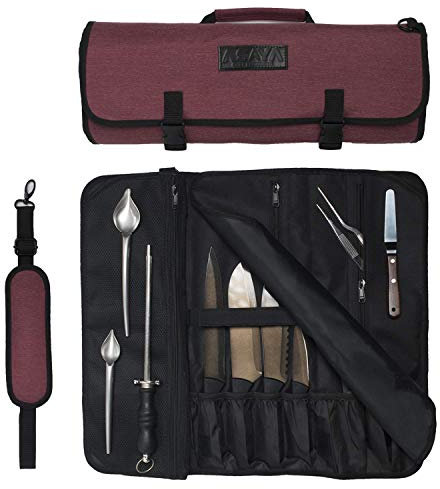 Asaya Bolsa enrollable de nailon encerado para cuchillos de chef con 20 ranuras y bolsillos con cremallera, bolsa profesional para cuchillos de chef y estuche de almacenamiento, portador de