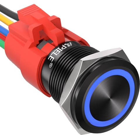 APIELE 19MM Verriegelung Druckschalter 12VDC 5A, Aluminiumlegierung mit LED Ringbeleuchtung wasserdicht Latch Drucktastenschalter, Auto RV LKW Boot EIN/AUS Taste Schalter (Blau)