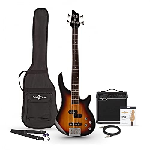 Short Scale Bass Gitarre Chicago mit 15W Bass Amp & Zubehör | Kurzhals-Design für Kleine Hände, Unlackierter Ahornhals, Reicher Ton vom Massiven Paulownia-Korpus, 15W