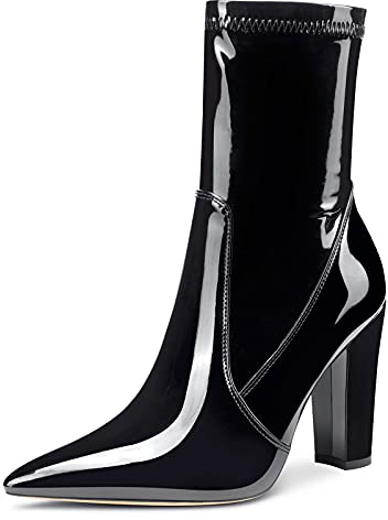 NobleOnly Femme Bottes et Bottines Cheville Fermeture Eclair Bloc Talon 10CM High Heels Noir Vernis Chaussures EU 39