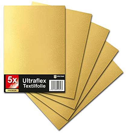 Finest Folia Ultraflex S Textilfolie für Plotter 61 Farben Din A4 Bogen 30x20cm Plotterfolie matt auf Stoffe Kleidung T-Shirt Folie Flexfolie DIY Zubehör (32 Gold, 5er Set)