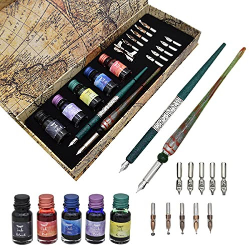 SIPLIV Kalligraphie-Stift-Set, Glas-Federhalter und handgefertigtes Holz-Federhalter, Geschenk-Set mit 10 Arten von Schreibfedern, 5 Farben, Tinte und Stifthalter, ideal für Anfänger, Grün
