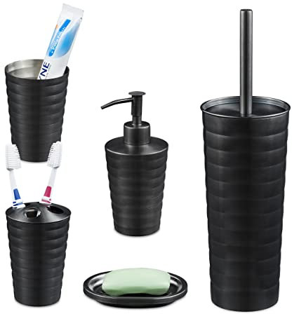 Relaxdays 5 Piezas Set de Baño Accesorios, Kit Acero Inoxidable, Jabonera, Soportes, Vaso, Dispensador Jabón, Antracita