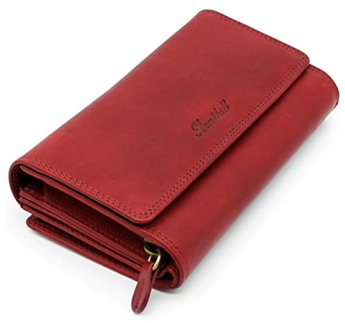 Benthill Damen Portemonnaie XXL mit RFID-Schutz | Echt-Leder Damen Geldbörse Gross | Große Vintage Damenbörse mit vielen Fächern XXL, Farbe:Rot