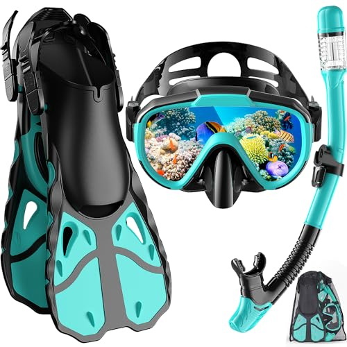 Vengreedo Schnorchelset mit Flossen für Erwachsene, Maskenflossen Schnorchelausrüstung für Männer und Frauen, Dry Top Schnorchelmaske Schnorchelflossen Combo Set mit Reisetasche zum Schnorcheln
