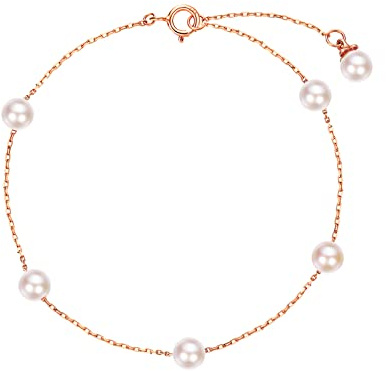 Pulsera de Oro Rosa Macizo de 14 Quilates (585) con Perla de Agua Dulce Natural Minimalista Genuina, Regalo Joyería para Damas Mujer Niñas - Longitud Cadena: 17 + 2 cm