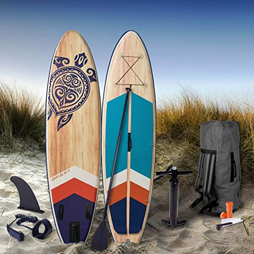 BRAST® SUP Board Retro | Aufblasbares Stand up Paddle Set | 320x81x15cm | 5 Jahre Garantie | inkl. Sonderzubehör | 2in1 Paddel Kajak-Sitz Action-Cam-Halterung Fußschlaufe Pumpe Rucksack | Turtle
