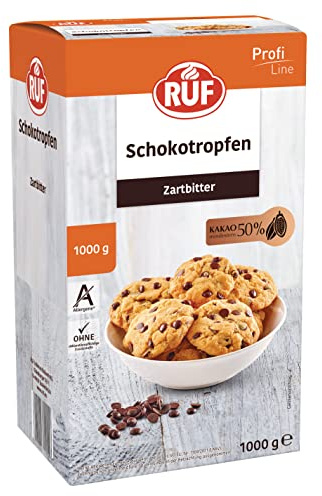 RUF Schoko Tröpfchen Zartbitter Familienpackung, mind. 50% Kakaogehalt, zum Backen und Dekorieren von Torten, Kuchen, Cookies und Desserts, glutenfrei und vegan, 1 kg Vorratspack