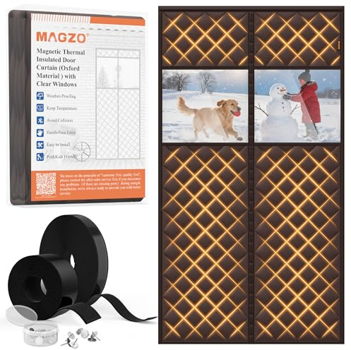 MAGZO Quilted Thermal Insulated Door Curtain with Perspective Window, 32 x 80, Made of Oxford&Thicken Cotton, Windproof Insulation Cover Blanket for Winter, Prevent Cold Air, Strong Magnets, Brown