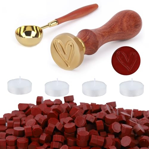 Set de Cire à Cacheter - 300 Pièces pour Enveloppes, Invitations, Cartes, Cadeaux - Tampons à la Cire Anciens pour le Cœur (Rouge Vintage)