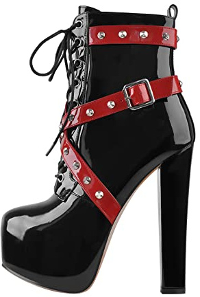 blingqueen Damen Plateau Stiefeletten Blockabsatz Schnürboots mit Riemen Nieten Zweifarbig Metallic Schwarz Rot 42 EU