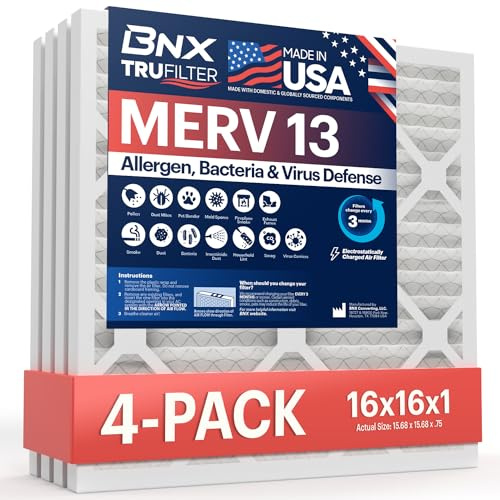 BNX TruFilter 16 x 16 x 1 luftfilter MERV 13 (4-pack) - Tillverkad i USA - Elektrostatisk plisserad luftväxling HVAC AC ugnsfilter för allergier, pollen, mögel, bakterier, rök