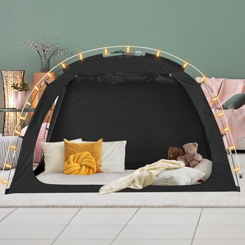 EighteenTek Bett mit Lichterkettenzelt, Verdunkelung, leicht, privater Raum, Zelte, Innenbereich, tragbar, Baldachin, Zelt, Rahmenvorhänge, atmungsaktiver Stoff, reduzierend, hellgrau