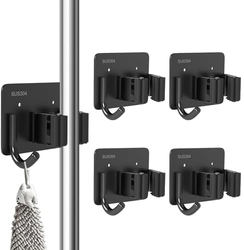 3-H Besenhalterung Wand Selbstklebend, 4 Stück Gerätehalter Besenhalter ohne Bohren, Edelstahl Besen Wandhalterung mit Haken, Gartengerätehalter, Werkzeughalter für Küche Badezimmer Garten, Schwarz