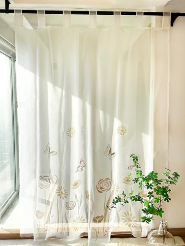 Devola Cortinas correderas transparentes con estampado de flores, cortina de cocina, estilo rústico, cortina para ventana, salón, cortina confeccionada, gasa, para ventana de cocina, 225 x 150 cm,