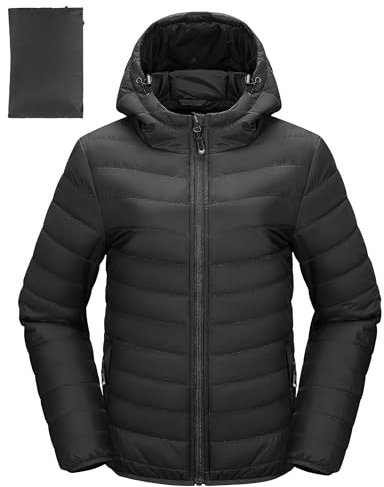 33,000ft Damen Leichte Steppjacke Packbare Übergangsjacke mit Taschen für Frauen Gefüttert Warme Pufferjacke mit Kapuze für Outdoor Freizeit Wandern Schwarz XL