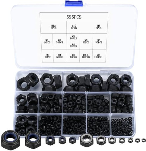 595 Stück Sechskantmutter Satz, Kohlenstoffstahl selbstsichernde Mutter, Nylon-Sicherungsmutter, Sicherungsmutter Kombination, Sechskantmutter, Mutter Satz M2 M2.5 M3 M4 M5 M6 M8 M10 M12