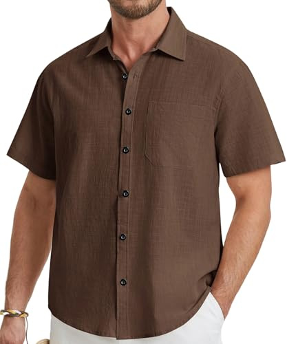 HISDERN Herr kortärmade linnetröjor ledig button-down vanlig skjorta med ficka för sommar strand normal passform, Brun, S