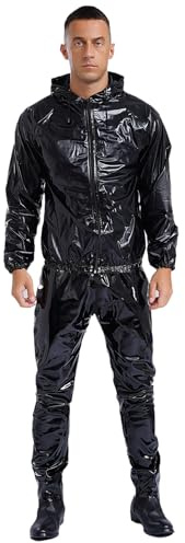 YiZYiF Män PVC svettning bastu kostym svettiga kläder boxning fitness övningar kostymer sweatsuit hoodie byxor set för vikt- och kroppsvattenreducering, svart, 3XL