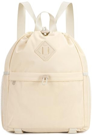 WANDF Kordelzug-Rucksack Sport- und Gym-Tasche mit Yoga-Mattenriemen, wasserabweisende Kordelzug-Tasche mit Netzfach für Damen und Herren (Beige, Patent angemeldet)
