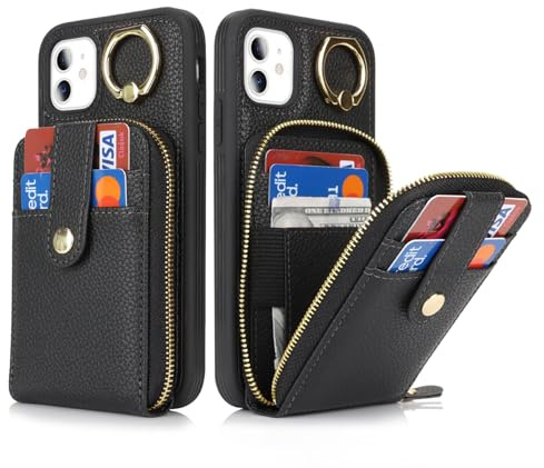 SailorTech iPhone 11 Hülle Ring-Ständer mit Kartenfach, iPhone 11 Handyhülle mit Kartenfächern, iPhone 11 Handytasche mit Reißverschluss Geldbörse-Schwarz