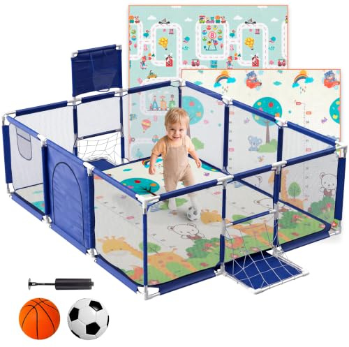 JUPPLIES Parque Infantil Bebe + Alfombra de Juego + Pelota de Futbol y Baloncesto - Corralito de Bebé Plegable 180 x 120 x 60cm - Parque de Juegos Bebé Con Malla Transpirable - Azul