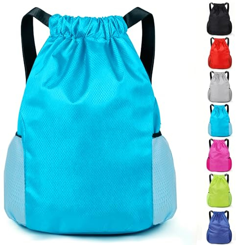 KANGSIT Drawstring Bag, Swim PE Bags Drawstring Gym Bag for Kids Adults, Waterproof Swimming Sports Bag for School Sports Swimming Gym Travel Unisex (Light Blue)