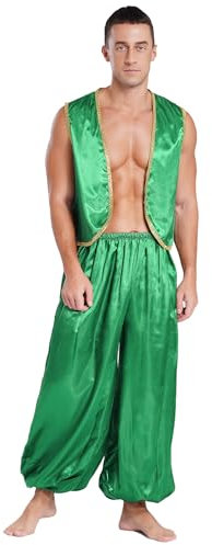 winying Erwachsene Arabische Prinz Kostüm Ärmellos Weste Satin Vorne offe Jacket Und Lang Hosen Zweiteiliger Halloween Outfits Grün 4XL