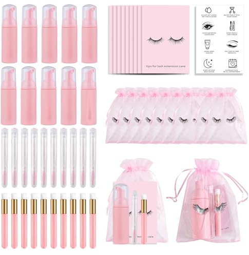 50PCS Lash Shampoo Flaschen Bürsten Set, leere Pumpflasche, Reinigungsbürste, Wimpernverlängerungsrohr Bürste, Anweisungen Karten, Nachsorgetaschen für Wimpern Geschäftskunden (rosa)