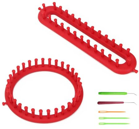 MYLERCT Strickrahmen Set, 2 Stück Rot Strickbrett, 19 cm Rund und 26 cm Rechteckig Strickmaschine, mit Häkelnadel und Kunststoffnadel, für Herstellung Schals, Mützen und Pullovern