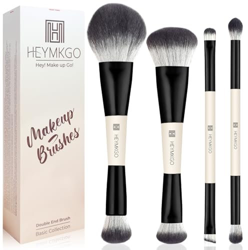 HEYMKGO Foundation Brush 4Pcs Dual-Ended Makeup Brushes Set - Professional Foundation/Contour/Concealer/Blending Brush for Liquid, Cream & Powder, Face Makeup Tools for Travel Use, Black