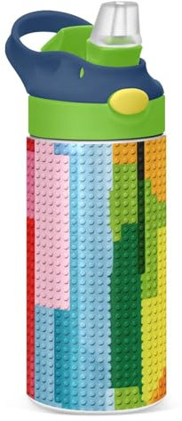 JUMBEAR Art Building Blocks Bouteille d'eau isotherme pour enfants de 350 ml, bouteille d'eau de sport isotherme avec couvercle à paille, bouteille d'eau en acier inoxydable pour garçons et filles