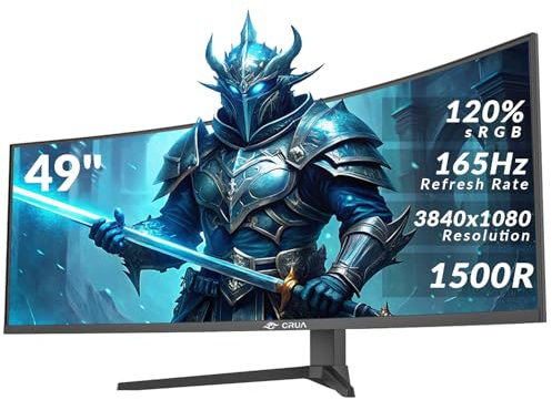 CRUA 49 Inch Ultra-Wide Curved Gaming Monitor 165Hz 32:10 DFHD 3840x1080, 1500R Immersive Screen, AMD FreeSync, Height Adjustable, 120% sRGB HDR, HDMI 2.1 & DP 1.4, VESA Mount – Black