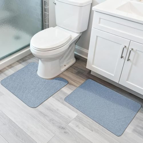 Bosap Bathroom Rugs Set 2 Pieces,Thin Bathroom Mats,Toilet Rugs,Quick Dry,Non-Slip,Machine Washable,Low Pile,Absorbent Bath Mats,Shower,Sink,Home Decor Accessories.Blue,1'5x2'3+1'8x2 U Shape