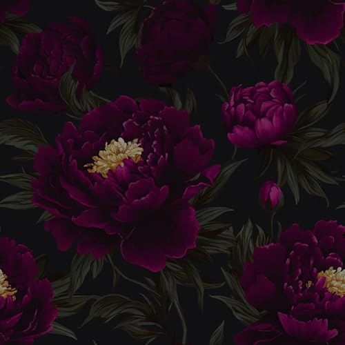 CRE8TIVE Dunkelviolette Pfingstrosen Blumen Tapete Selbstklebend Vintage 30,5 cm x 300 cm Schwarz Violette Pfingstrosen Tapete für Schlafzimmer Wohnzimmer Möbelfolie Klebefolie für Möbel Abnehmbar