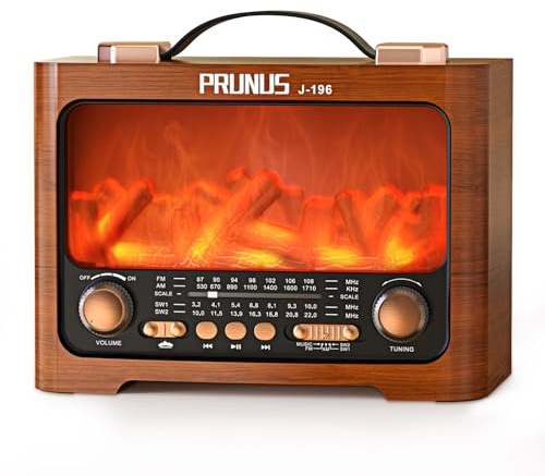 PRUNUS J-196 Am/FM/SW Radio Vintage Retro | Radio Portatil Pequeña Bluetooth | Transistor Radios Excelente Recepción | LED en Forma de Llama | Recargable de 1800mAh | Ranura USB/TF, para Cocina,Salón