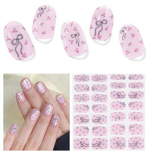 Nagelfolie UV Härtend - 28 Stück UV Gel Nagelfolien Selbstklebend süße Schleife Nail Sticker Art Stickers DIY für Damen (Schleife Rosa)