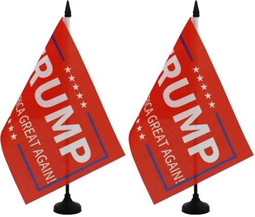 AZ FLAG - Drapeau De Table Donald Trump Président Etats-Unis Rouge 21x14 cm - Petit Drapeau De L'Élection Des Usa De Bureau 100% Polyester Avec Hampe De 25cm Et Socle En Plastique Noir (Lot de 2)