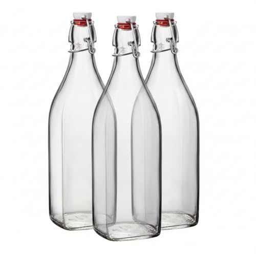 Set 3 Bottiglie Swing in Vetro Trasparente 1 Litro con Chiusura Ermetica a Leva Tappo Meccanico Ideali per Olio Aceto Liquori Succhi e Conserve Fatte in Casa