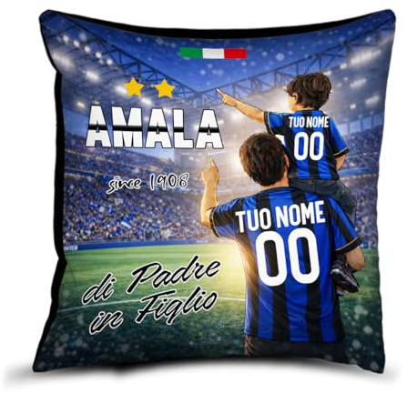 quickgadget Cuscino 40x40 per tifoso Inter personalizzato con nome e numero | Idea regalo arredo casa “Di padre in figlio” con grafica stadio, scritta AMALA since 1908, imbottitura inclusa