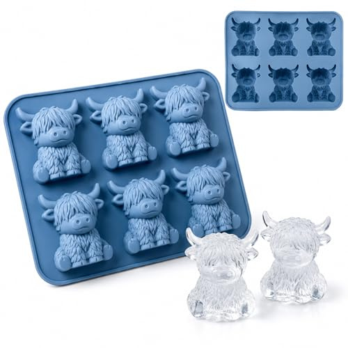 Lafefe Highland Cow Ice Cube Tray, Blue Silicone Ice Cube Mould, Cute 3D Highland Cow Ice Mold, BPA Free Flexible Easy Release Tray for Whisky, Cocktails, Iced Coffee, Chocolate, Jelly, Candy & Soap