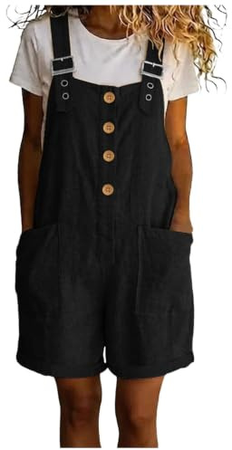 Short Dungarees for Women UK Summer Casual Cotton Linen Short Overalls Adjustable Shoulder Straps Wide Leg Bib Shortalls Sleeveless Rompers with Front Pocket Loose Fit Jumpsuit for Holiday
