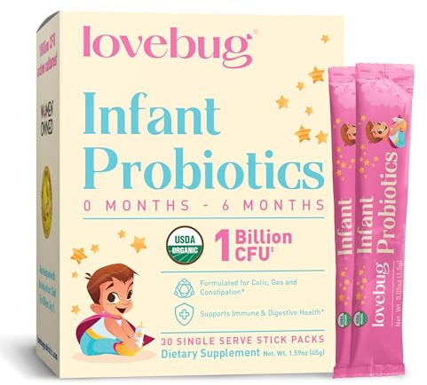Lovebug Baby Probiotic Powder – 1 Billion CFU Multi-Strain Formula with Prebiotic - Friendly Bio Cultures for Newborns, Babies and Infants (0-6 Months) - 30 Sugar Free & Unflavoured Sachet Pack