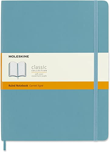 Moleskine Klassisches Notizbuch, Liniertes Notizbuch, Weicher Einband und Elastischer Verschluss, Größe XL 19 x 25 cm, Farbe Türkisblaues Riff, 192 Seiten