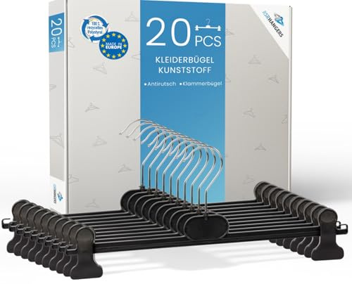 RSR Hangers Hosenbügel Hosenspanner 20 Stück Kleiderbügel Kunststoff 36 cm | rutschfeste gummierte und verstellbare Klammern | 360° drehbarer Haken | platzsparend