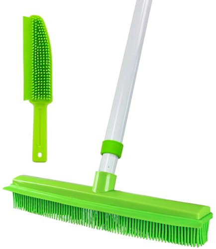 Rubber Pet Hair Brush Set, Telescopic Long Handle Soft Rubber Push Broom, Fur Remover with Squeegee, Pet Hair Removal Broom and Brush for Carpet, Cat Dog