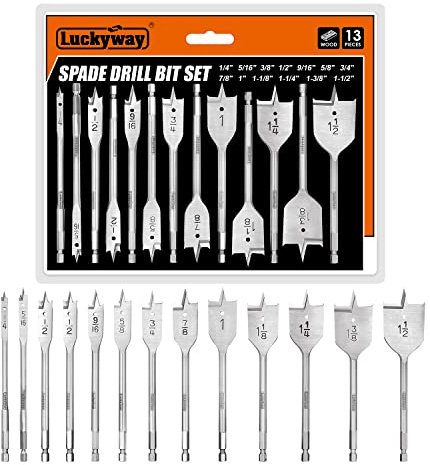 Luckyway Spade Drill Bits Set, Paddle Flat Bits 1/4 Inch to 1-1/2 Inch for Wood, Plastic, Aluminum Hole Cutting 13-Piece